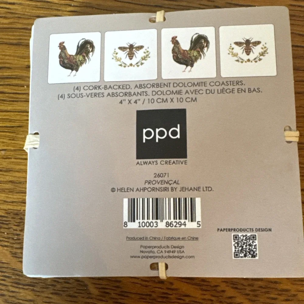PPD HELEN AHPORNSIRI  Provençal Dolomite Coaster Set Rooster & Bee